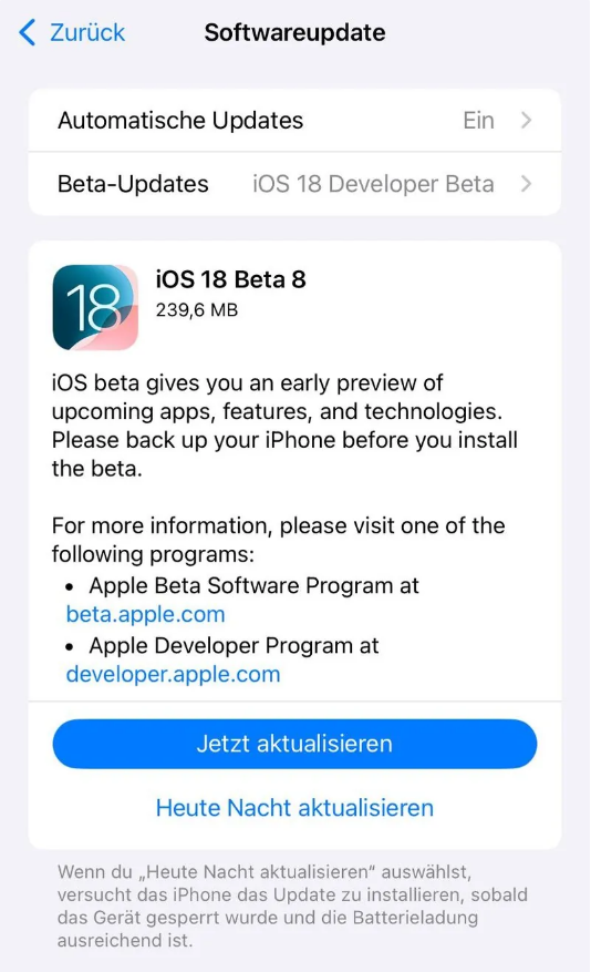 长安镇苹果手机维修分享苹果 iOS / iPadOS 18 开发者预览版 Beta 8 发布 